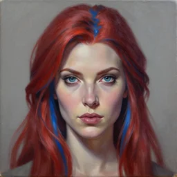 a detailed matte oil on canvas head on symmetrical portrait of a distinguished elven woman with!! red blue hair!! by charlie bowater, lise deharme, wlop, trending on artstationhd, dungeons and dragons art critical role, half and half hair dye,! split hair dye!,! two tone hair! dye, dye hair