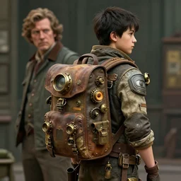 a boy with a steampunk retrofuturistic backpack by syd mead and norman rockwell. highly detailed digital art. retrofuturism. steampunk. beautiful lighting. trending on artstation.