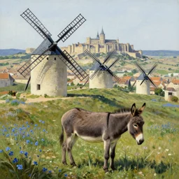 very long shot of a multiple windmills, wild beautiful donkey, spots of blue flowers nearby, medieval french landscape, carcassonne, village with few houses near city of carcassonne in the background, by stanley artgerm lau, wlop, rossdraws, frank frazetta, andrei riabovitchev, marc simonetti, tranding on artstation