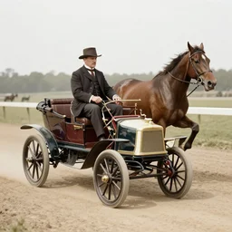 a photo from the early 1900s of a horse racing an antique electric car