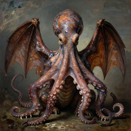 simultaneous pictures of an octopus, a dragon, and a human caricature [...] A pulpy, tentacled head surmounted a grotesque and scaly body with rudimentary wings,represented a monster of vaguely anthropoid outline, but with an octopus-like head whose face was a mass of feelers, a scaly, rubbery-looking body, prodigious claws on hind and fore feet, and long, narrow wings behind. Caustic lighting, Caravaggio skies, August bouguereau, Francis Bacon.
