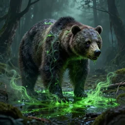 wispy ink horror, neochrome colors, realistic render, toxic green pit of liquid, zombie bear, photo pic by matte painting