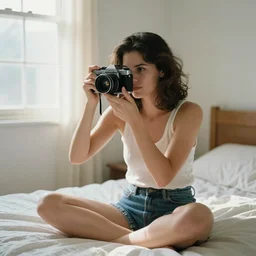 flash photography of a woman in her mid 20\'s sitting in her bedroom. Sunlight coming from the window. Late 90\'s. Film camera.