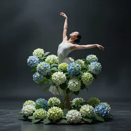 hyper realistic dancer simulation by Hydrangeas flowers,move shot,dark,foggy,cinematic composition,cinematic lighting,photo real ,highly detailed,atmospheric,8k render,