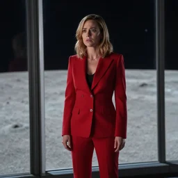 a medium full shot photograph by fred palacio depicting isla fisher looking worried in a tailored red suit standing next to a plate glass window. outside is the surface of the moon. sci fi, futuristic, cinematic, soft lighting, sci fi, bladerunner, canon eos r 3, f / 3, iso 2 0 0, 1 / 1 6 0 s, 8 k, raw, unedited