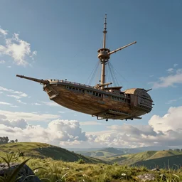 landscape : a large wooden sleek fantasy sky - ship flying through the clouds blue sky grassy hills, andreas rocha style