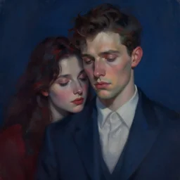 portrait of a sad young man and a dark hair woman, intimate, eyes closed, faded shades of dark blue and red, pretty face, sharp eyes, rule of elegance, delicate suit, spotlight, by jeremy mann, by francoise nielly, by van gogh, digital painting