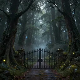 a hq artstation, beautiful digital glossy clear sharp of a detailed dark fantasy forest trees fireflies nd iron gate road pathway fog by james gurney, tadema, dark constrast 8 k resolution trending on artstation