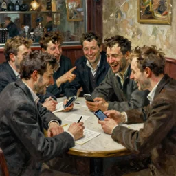 a hyperrealistic painting by ilya repin of a group of men sitting by a table and on writing a message on an iphone. laughing and discussions. inside a bar. 5 0 mm. very detailed.