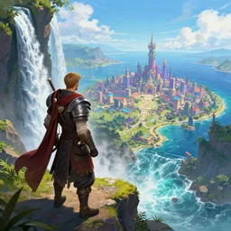 A Fantasy Warrior, standing on a cliffside, beside a beautiful colourful waterfall, over looking a large Fantasy city in the middle of the ocean, trending artstation, 8k, highly detailed, matte painting, concept art