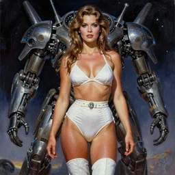 A mixed media portrait painting of a very beautiful light-brown-hair woman on an alien planet, very curvy, aesthetic! high-waisted white-bikini-armor and boots, aesthetic symmetrical face and eyes, model, wet, pacific-rim-mech in background, starship-troopers, by Frank Frazetta, Boris Vallejo, Beeple, Greg Rutkowski, Christian MacNevin, eighties pinup style, goddess, bombshell, epic fantasy character art, high fantasy, CGsociety, exquisite detail, post-processing, masterpiece, cinematic