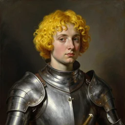 saoirse ronan with short yellow curly hair, wearing maximilian armour, portrait, oil painting by titian, hard focus