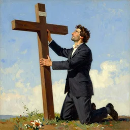 beautiful graphic full body portrait, petros afshar, cuno amiet, man on his knees at the foot of a cross, 1 9 7 0 s advertising art, painterly character design, petros afshar will barnet