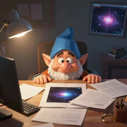 A dwarf peeking over his desk surprised like Killroy, the desk is covered in scattered papers, deep rock galactic screenshot, low poly, digital art.