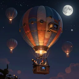 a beautiful stunning fantasy whimsical matte digital illustration of a hot - air balloon race at night by marc simonetti and anato finnstark, disney steampunk, chiaroscuro magical bokeh moon stars, trending on artstation hq, masterpiece