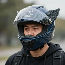 a man wearing a winges helmet