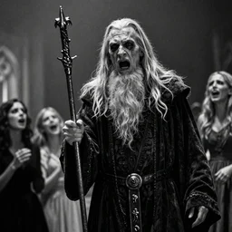evil horror gandalf, black and white grainy film, screaming crying, by maxim verehin