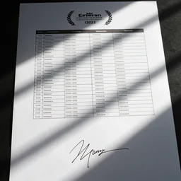 detailed scan of a signle white A4 sized paper,  printed page, scanned document, tables, high definition, signature on the bottom, header with logo, no background