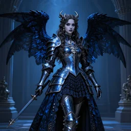 angel knight gothic girl in dark and blue dragon armor, rococo outfit. by gaston bussiere, by rembrandt, 1 6 6 7, artstation trending, blue light, by konstantin razumov *