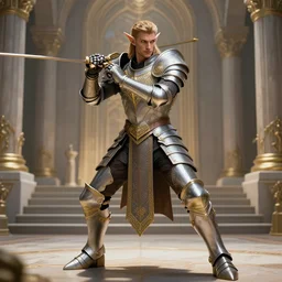 full body picture of a handsome male elf paladin in a temple, ornamental armor, holy themed, platinum and brass, fighting stance, high fantasy, detailed face, highly detailed, sharp focus, smooth, digital illustration, by clyde caldwell, hd, 8 k
