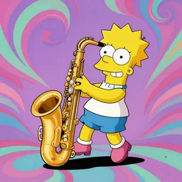 Lisa Simpson falling into a giant saxophone, psychedelic art, uhd, matte painting by beksinski