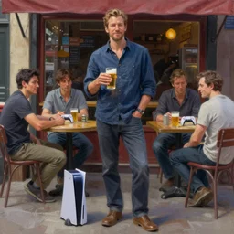 a realistic hyperdetailed digital oil full body portrait painting of a man with a playstation 5 outside at a restaurant, beer in hand, in the style of guy denning, ruan jia, and craig mullins. trending on artstation and deviantart. cgsociety digital art.