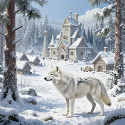 a white wolf! on a snowy ( forest ) near a village!!, texture, intricate, details, highly detailed, masterpiece, architecture, building, trending on artstation, focus, sharp focus, concept art, digital painting, fantasy, sunny, day, midday