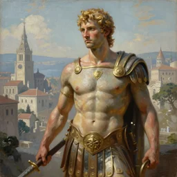 a painting of achilles, a city in the background, ultra detailed, high fantasy, 4 k, trending on artstation, cinematic, concept design