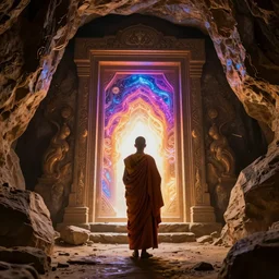 futuristic monk, wide profile shot, ancient cave, magic door to another realm, cinematic, vray, volumetric lighting, contrast, ambient occlusion, tessellation, particle physics, detailed textures, micro details, post processing, photo realism, octane render, hyperrealistic , Octane render, uplight, unreal engine, Megapixel, Cinematic Lighting, Ray Tracing, vivid colors, contrast, sharp focus, 8k