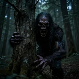 A horror scene of a terrifying monster hiding behind a tree in the dark forest. 4K HD Wallpaper. Premium Prints Available