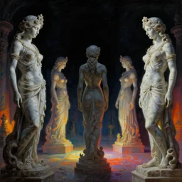 silhouettes of otherworldy baroque neoclassicist sci - fi marble figures in a colorful glowing courtyard at night. gloomy atmosphere, dark black background. highly detailed fantasy science fiction painting by moebius, norman rockwell, frank frazetta, and syd mead. rich colors, high contrast. artstation