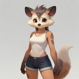 character portrait of a female furry anthro opossum fursona wearing a tanktop and shorts with arm tattoos. Character design by charlie bowater, ross tran, artgerm, and makoto shinkai, detailed, inked, western comic book art