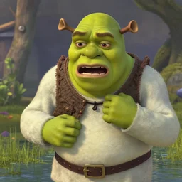 shrek really upset and crying lots, with a swamp behind him