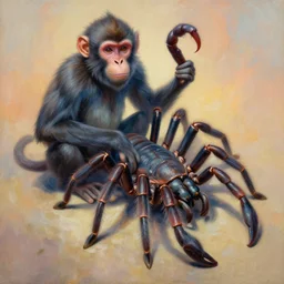 painting of hybrid between monkey!!!! & tarantula & scorpion & ant, intercrossed animal, by zdzislaw beksinski, by lewis jones, by mattias adolfsson, cold hue's, warm tone gradient background, concept art, beautiful composition, digital painting
