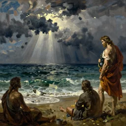 the storm on the sea of galilee, oil - on - canvas painting, close - up, elegant, volumetric lighting, scenery, digital painting, highly detailed, artstation, sharp focus, illustration, concept art, by rembrandt van rijn, 4