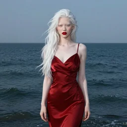 albino woman's dream, with red lipstick, with long white hair, standing in the middle of the ocean, in a garnet dress, very beautiful style, photorealism, edgard maxence
