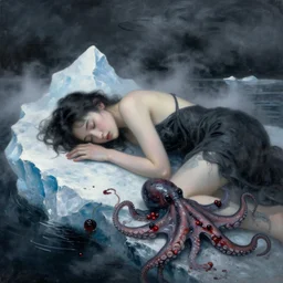 a female art student falling asleep, misty, iceberg, black paint, dark, sensual, cloudy, squashed berries, octopus, neo - impressionist, surrealism