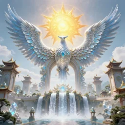 Temple of the bird tribe, giant majestic archways, waterfalls, Chinese style temple, fractal, rah, falcon spirit, crystals, huge wings, giant sun mandala, parallax poster composition, women goddess standing with angel wings, perfect symmetry by John James Audubon, Gustav Klimt, Alphonse Mucha, Peter Mohrbacher, art deco, tarot card