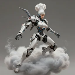 daemonic mecha cyber girl chef cook, dynamic pose, in clouds, ion, by greg hildebrandt, studio lighting, muted colors, by terry richardson, concept art by leonardo davinci, extreme detail, volumetric, reflective, trending on artstation, 8 k