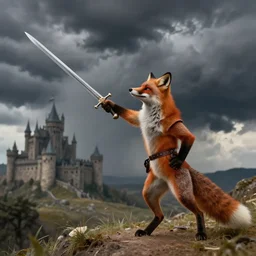 anthropomorphic fox!! who is a medieval knigh - - t holding a swo - rd towards a stormy thundercloud [ 1 9 3 0 s film still ], ( fantasy castle in the background )