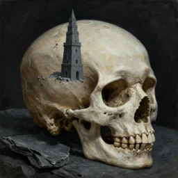 a surrealistic painting of the slate theory origin and a human skull, in the style of zdzislaw beksinski and mark ryden, digital art, detailed masterpiece