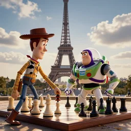 woody and buzz light-year playing chess in Paris