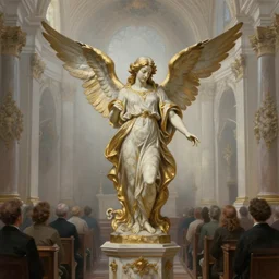 a beautiful rococo chapel with a carved marble and gold statue of an angel with wings spread looking down over the congregation, hyperrealism, oil painting, ethereal, misty, cinematic, amazing depth, 8 k, by jeremy mann
