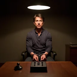 tom cruise handcuffed to a chair, lie detector test sits on a table in front of him, dimly lit room with one light hanging over tom's head,