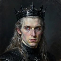 the portrait of hunter schafer!!!!!!!!!!!!!!!! in black wax!!!!!!!!!! crown by roberto ferri, dark fantasy, witcher, very detailed oil painting, masterpiece, 8 k
