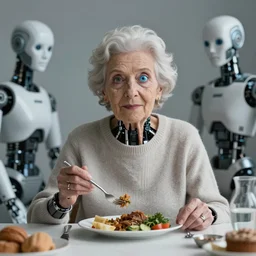 portrait of mirta legrand old lady with cibernetic eye sitting at the table having lunch with cyborgs. centered. digital art. hyperrealistic, hyperdetailed. 4 k octane render