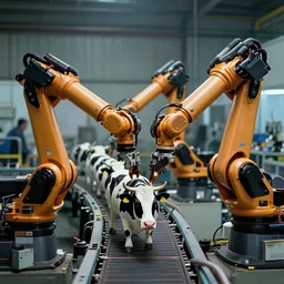 industrial robot arms assembling cows on a conveyer belt, highly detailed, climatic lighting, photo still from movie