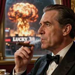 Mr. House, realistic, highly detailed face, looks at the nuclear explosion, from the window of the Lucky 38 Casino, holds a cigar in his hand,realistic, with five fingers, and smokes, ultra HD, artstation, photorealism, ultrarealistic, retro, 45mm, elegant,