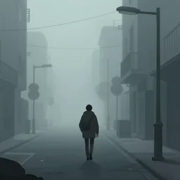 a person walking down a street in the fog, concept art by Bastien Lecouffe-Deharme, trending on cgsociety, panfuturism, 2d game art, dystopian art, matte drawing