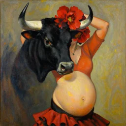 highly detailed painting of pregnant flamenco dancer with a black bull head, hooves for hands, wearing red flowers by tamara de lempicka
